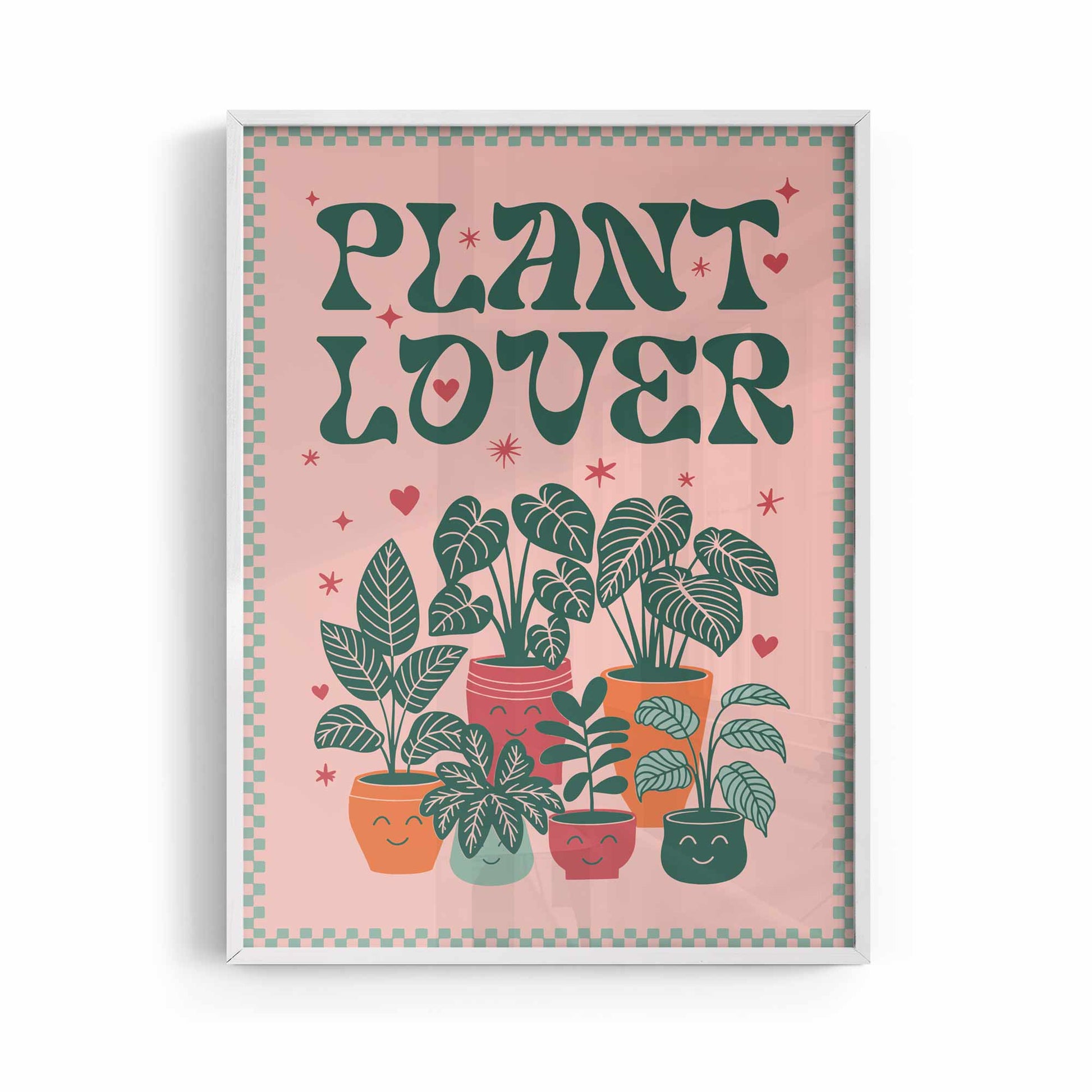 Whimsical retro botanical print featuring playful typography and smiley potted plants. Plant Lover poster