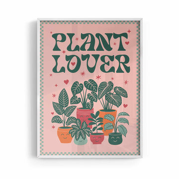 Whimsical retro botanical print featuring playful typography and smiley potted plants. Plant Lover poster
