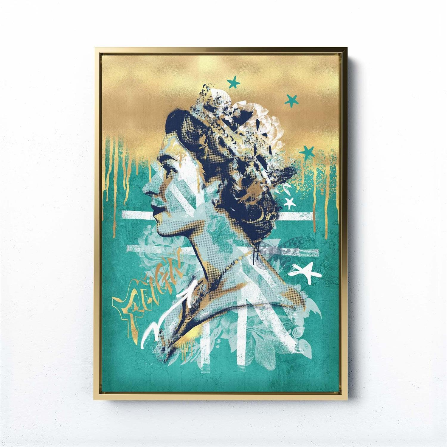 Framed artwork with a stylized portrait of queen elizabeth on a gold and teal background