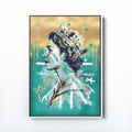 Framed artwork of a stylized portrait of queen elizabeth with abstract elements on a white wall.