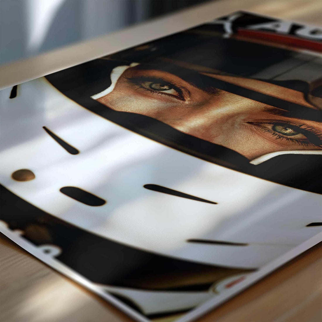 Close-up of retro grid girl in racing helmet, intense eyes staring