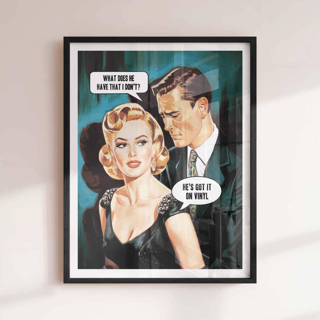 Framed vintage vinyl wall art displayed in a stylish modern interior – bold and funny artwork for music-themed gallery wall