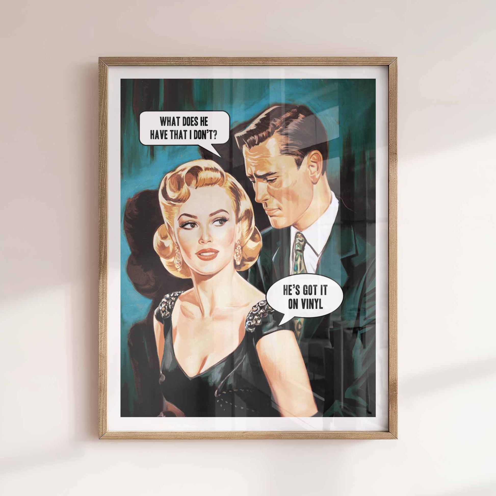 Gift-ready vinyl lover art print with protective packaging – perfect present for record collectors and fans of midcentury pop art.