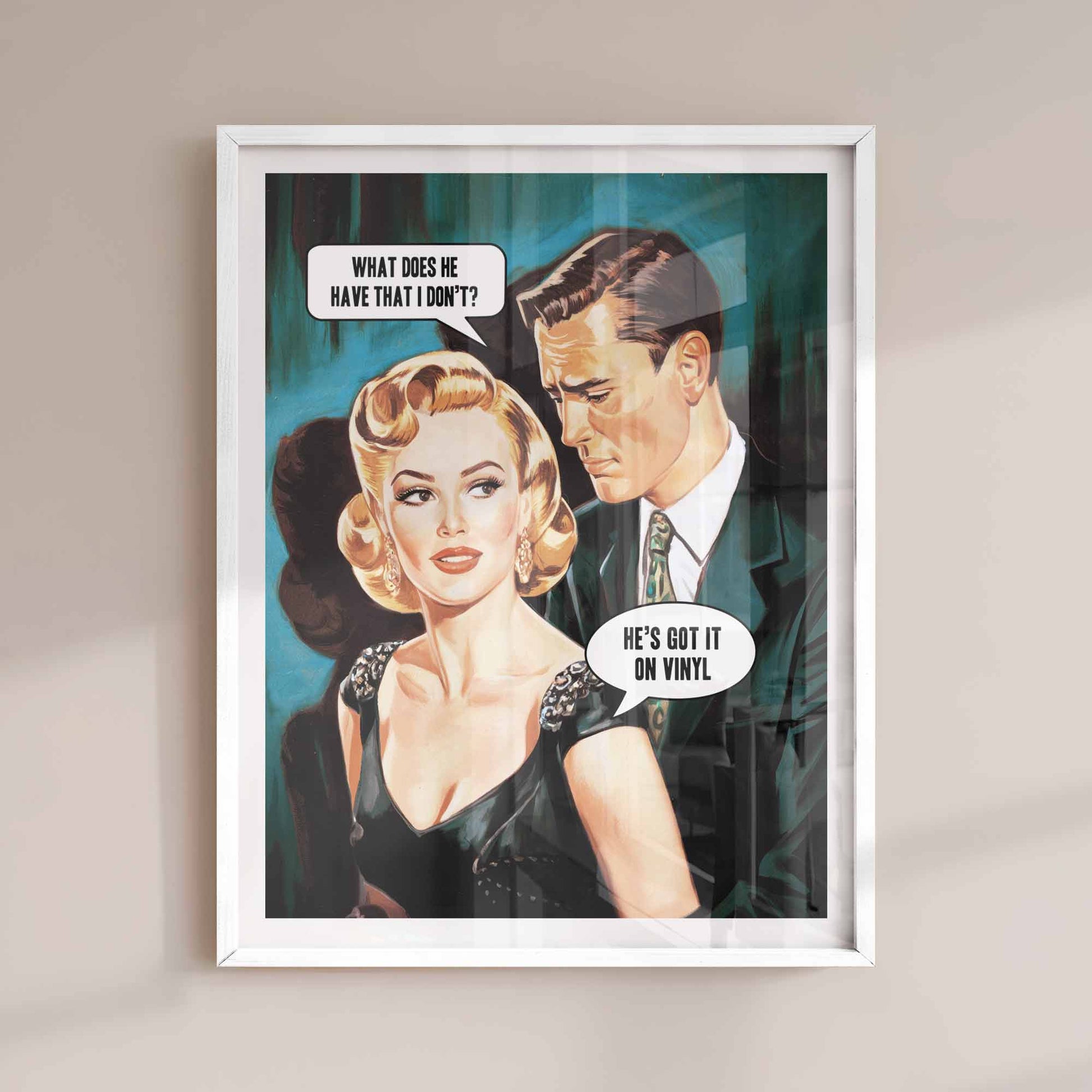 Retro vinyl art print hanging above a record player setup – ideal gift for audiophiles, music fans, or stylish home studio decor.
