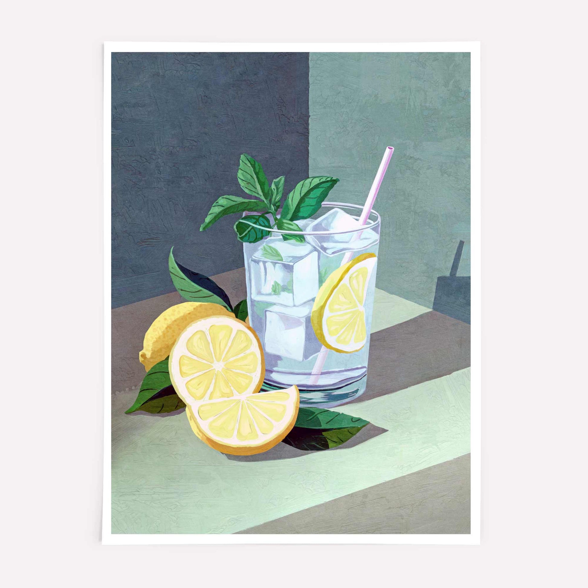 Retro Gin and Tonic cocktail poster with lemon and mint, ideal for bar cart decor.