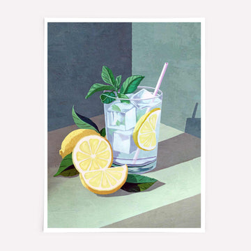 Retro Gin and Tonic cocktail poster with lemon and mint, ideal for bar cart decor.
