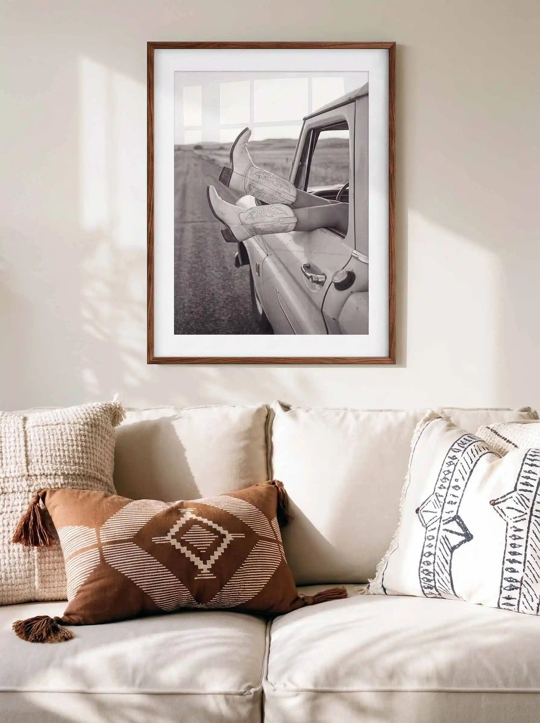 Road Trip is a western photography framed print featuring cowgirl boots and a vintage truck. Rustic Americana wall art for country, ranch and modern western interiors.