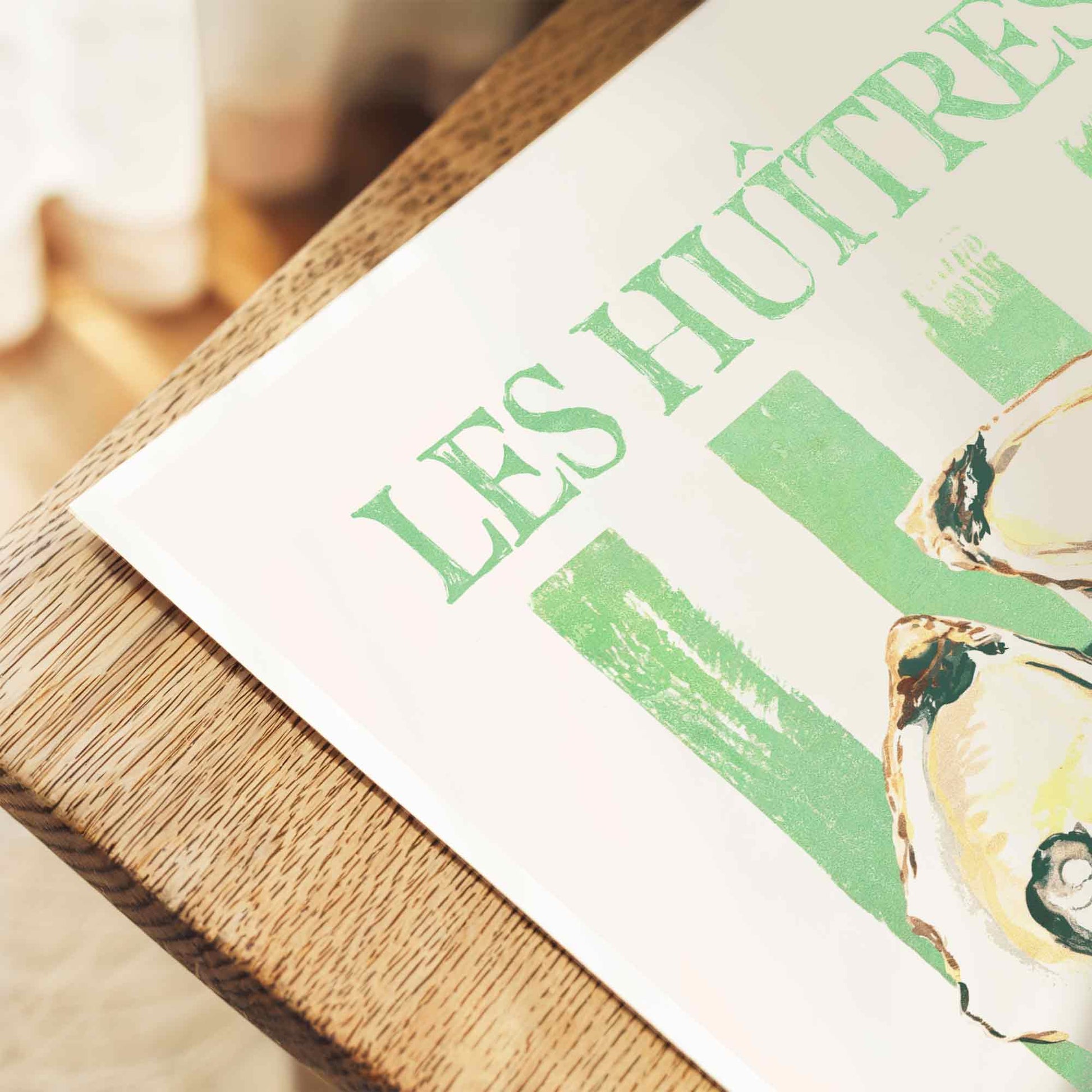 Les Huîtres oyster poster – pastel French seafood print with coastal charm. Perfect kitchen wall art for seafood lovers & summer interiors.