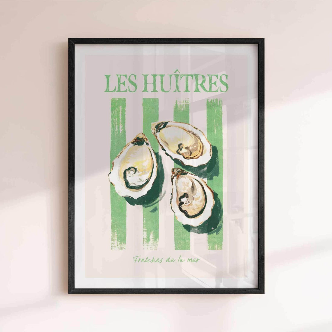 Les Huîtres oyster poster – pastel French seafood print with coastal charm. Perfect kitchen wall art for seafood lovers & 