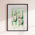 Les Huîtres oyster poster – pastel French seafood print with coastal charm. Perfect kitchen wall art for seafood lovers & summer interiors.