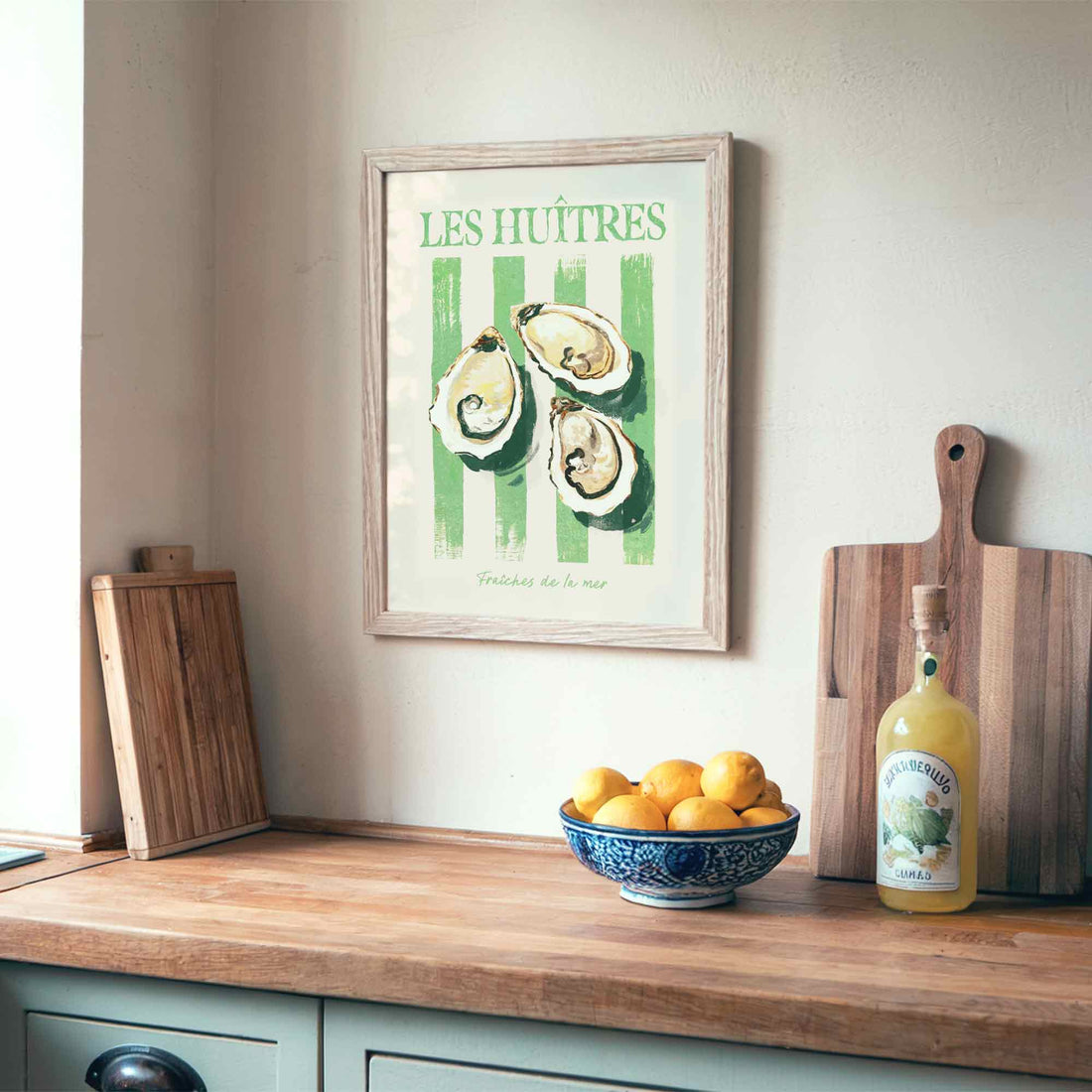 Pastel oyster wall art inspired by French seafood and coastal sunshine – the perfect kitchen print for a chic, summery vibe.