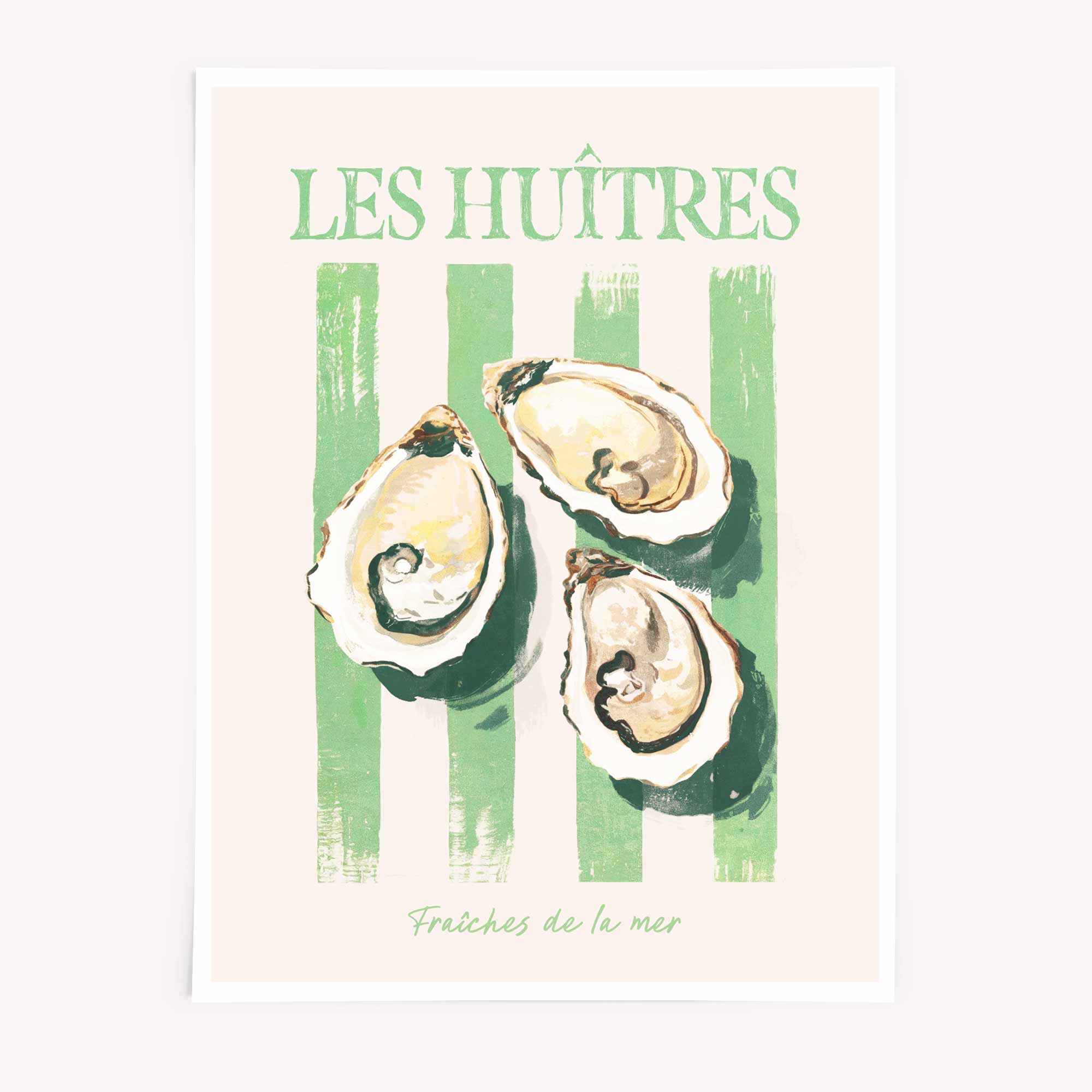 Pastel oyster wall art inspired by French seafood and coastal sunshine – the perfect kitchen print for a chic, summery vibe.