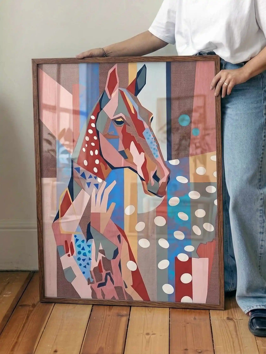 Modern abstract horse wall art with soft colours and rustic textures. Western inspired artwork framed oak