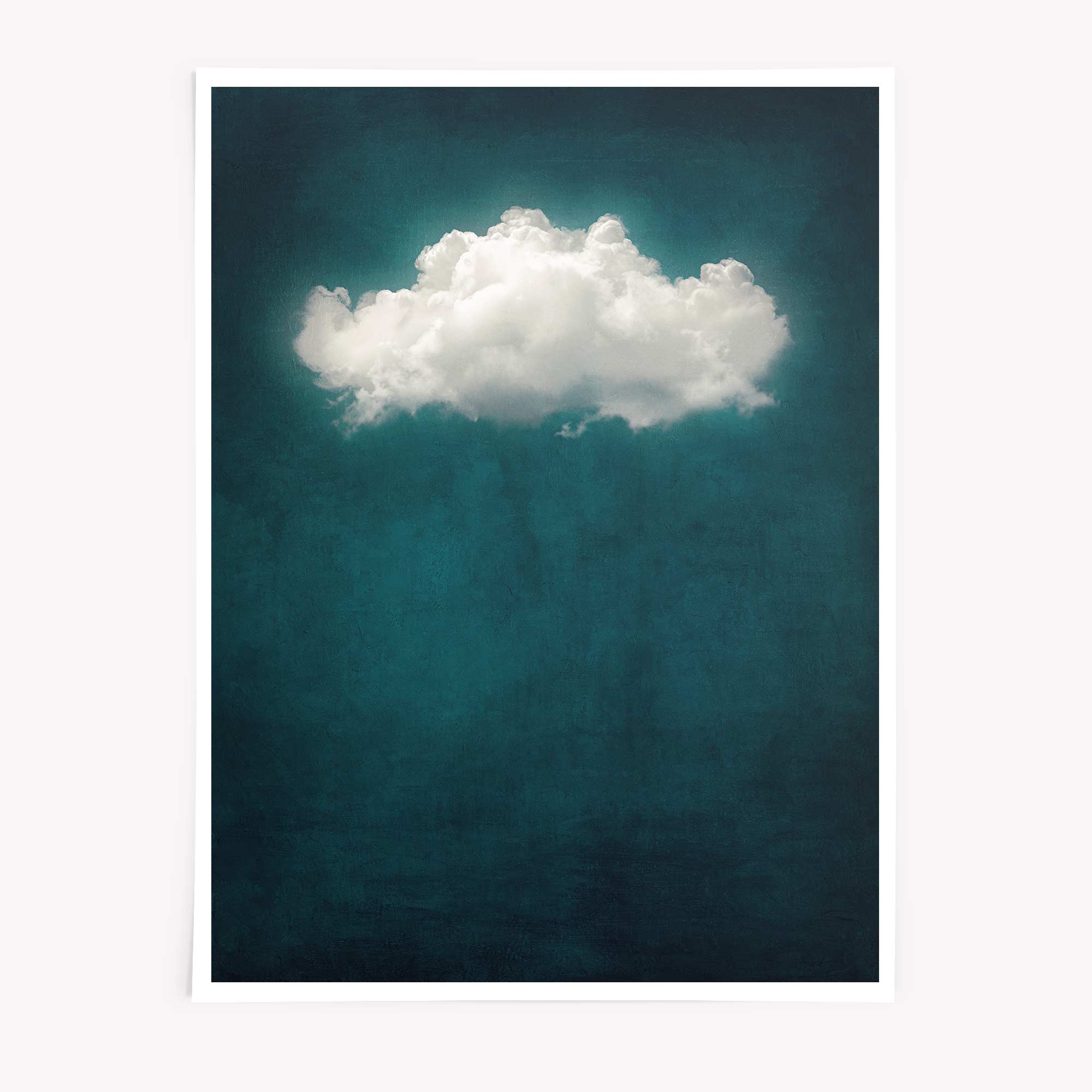 A surreal minimalist art print featuring a single cloud floating in teal. 