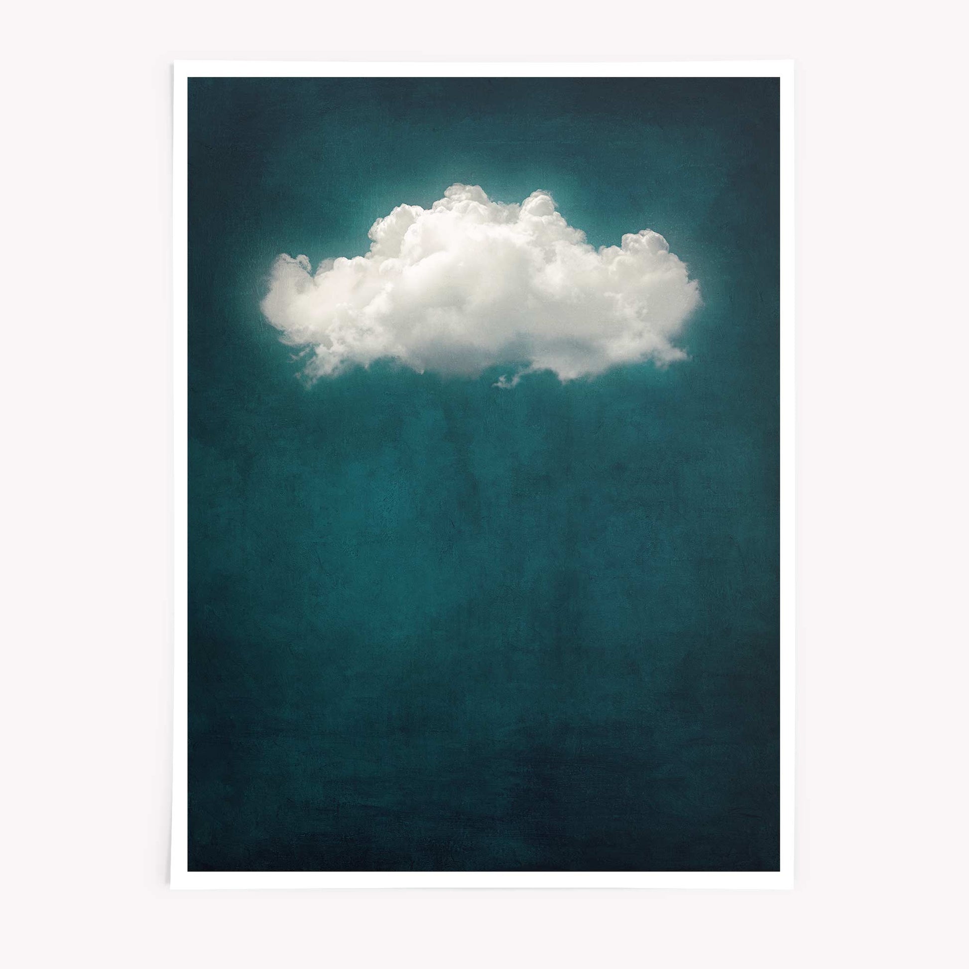 A surreal minimalist art print featuring a single cloud floating in teal. 