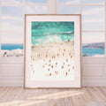 Minimalist beach art print – tiny swimmers on shoreline