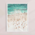 Framed summer beach print hanging on neutral wall
