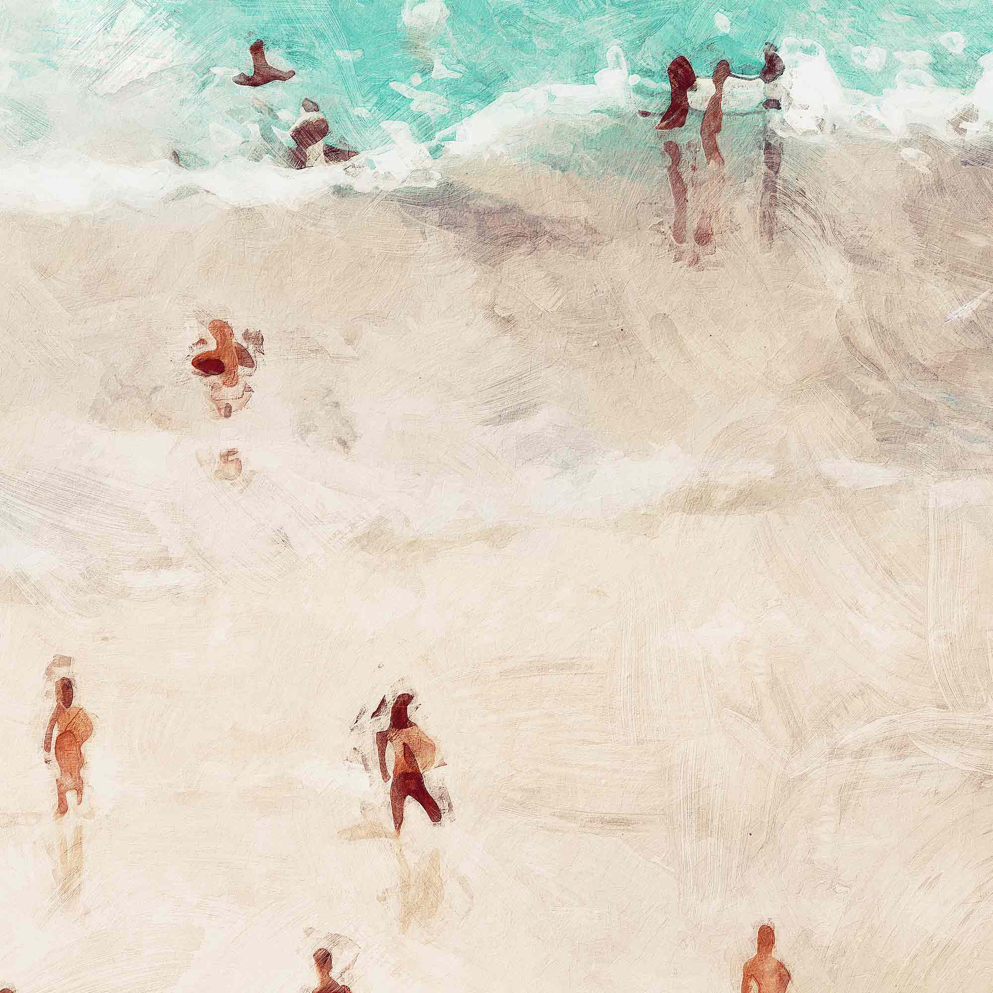 Detail of fine art print showing swimmers and sea