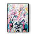A maximalist abstract flower painting canvas print black frame