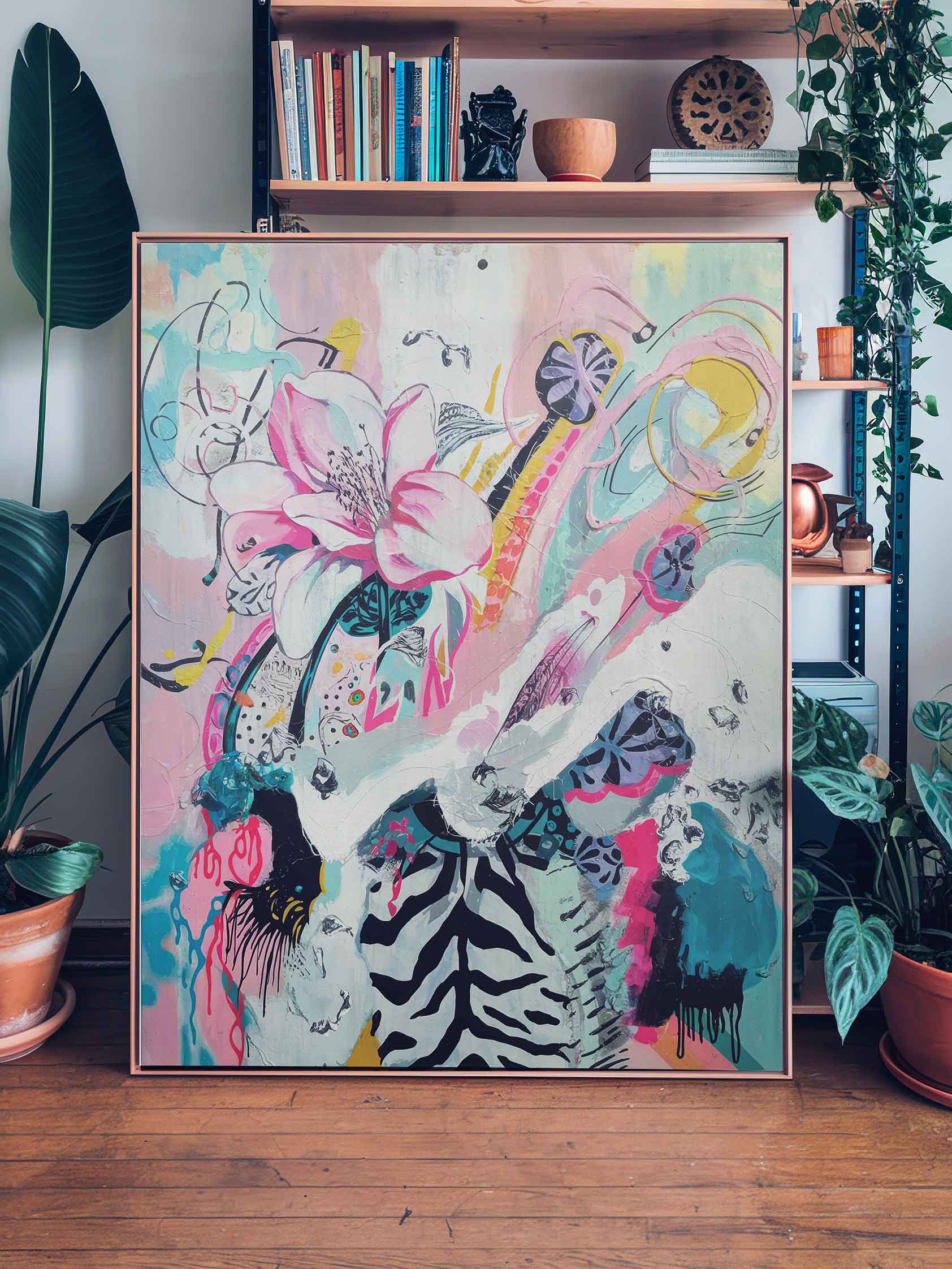 Large floral abstract maximalist canvas painting print pink blue by Afterhours Gallery