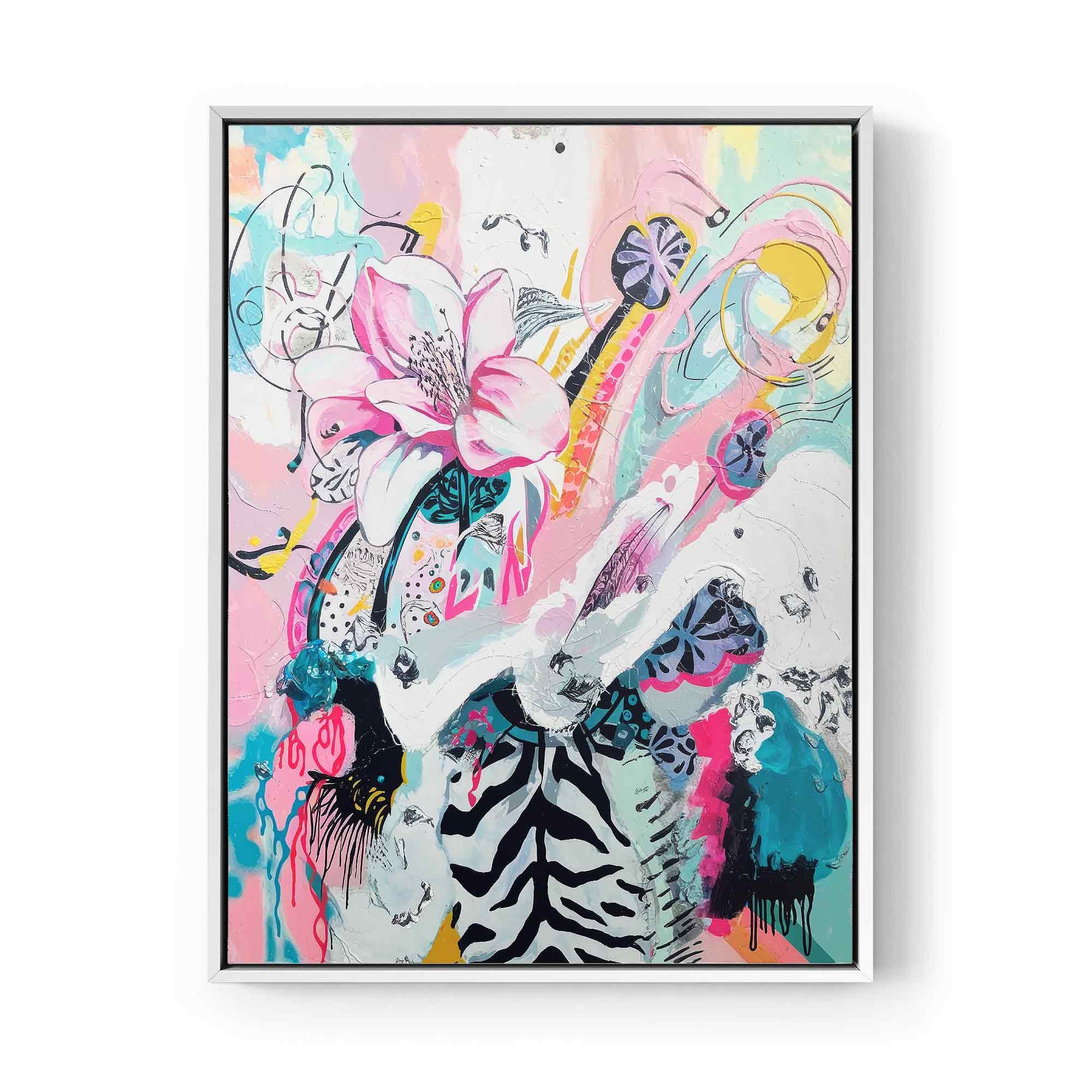 A maximalist abstract flower painting canvas print white frame