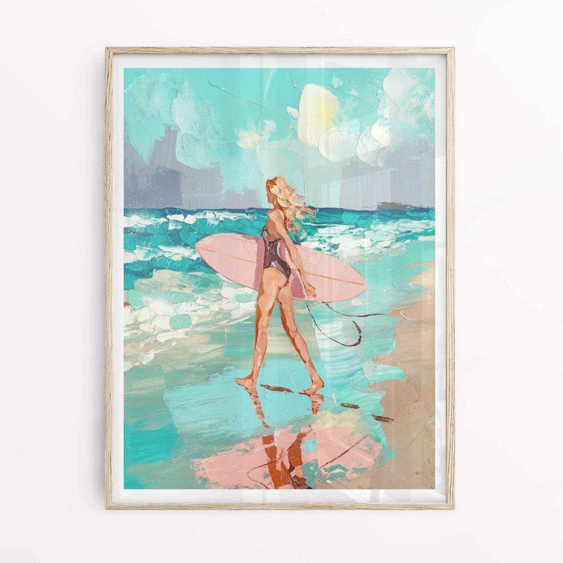 Beach wall art featuring surf girl walking the shoreline
