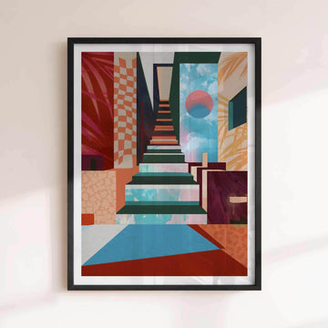 a surreal stairway collage print blending tropical tones, abstract geometry, and bold maximalist design.