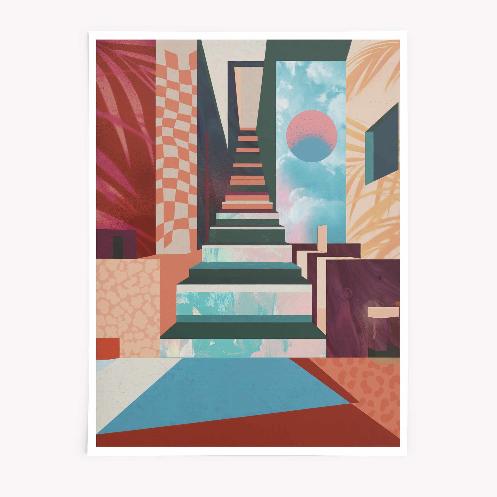 Surreal Stairway Collage Print, Abstract Maximalist Wall Art