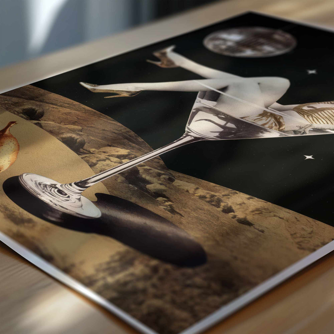 Funky vintage-inspired poster featuring a martini girl, disco ball, and golden moon surface.