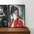 Mid-century style framed wall art print featuring Retro art inspired by Tina, J.H. Lynch wearing adidas tracksuit