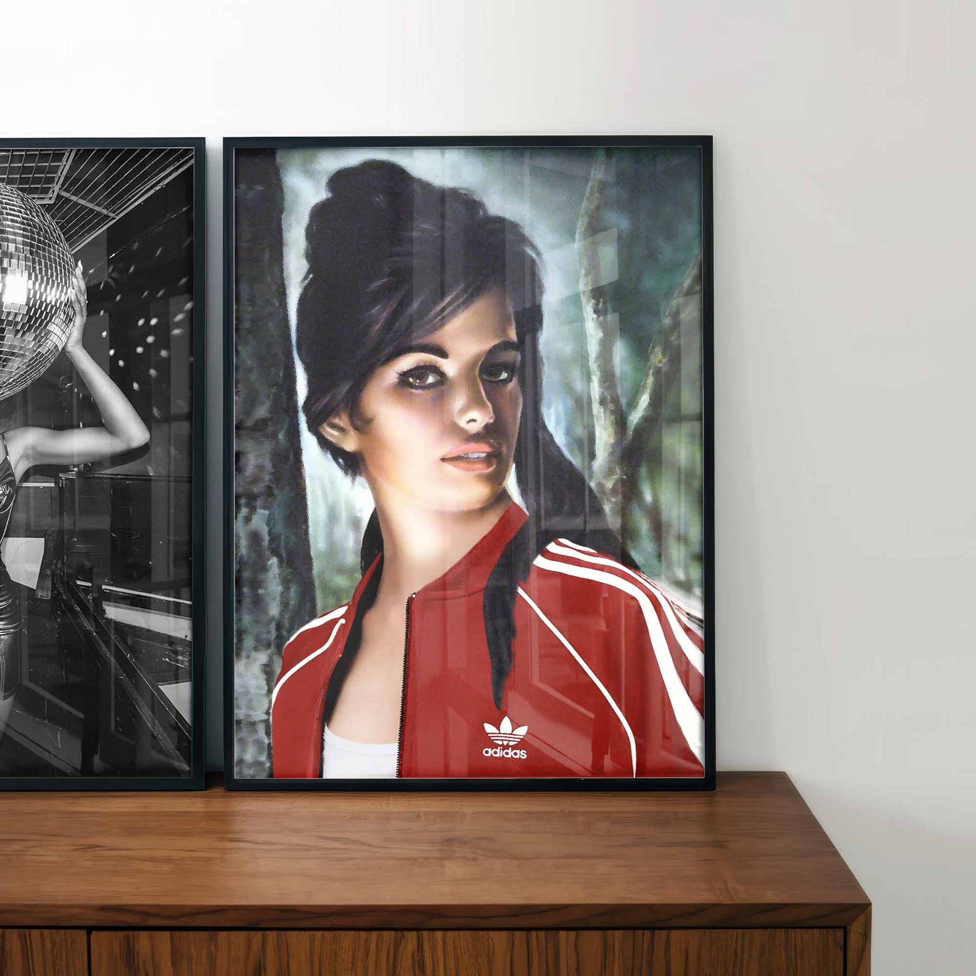 Mid-century style framed wall art print featuring Retro art inspired by Tina, J.H. Lynch wearing adidas tracksuit