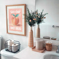 Funny toilet decor with peach illustration and retro style