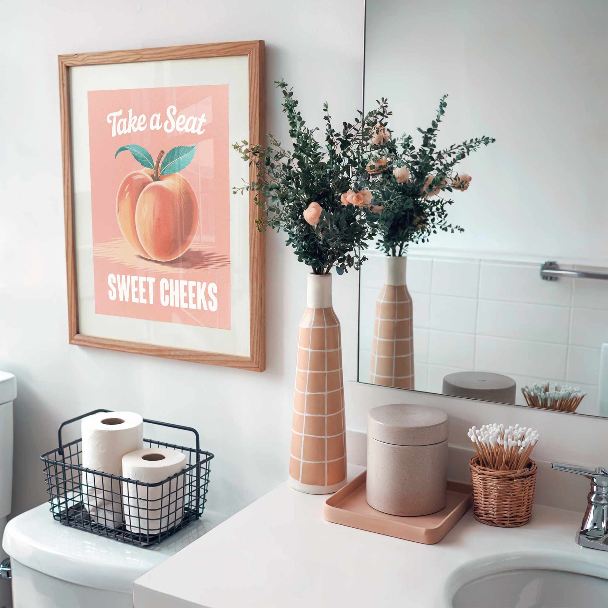 Funny toilet decor with peach illustration and retro style