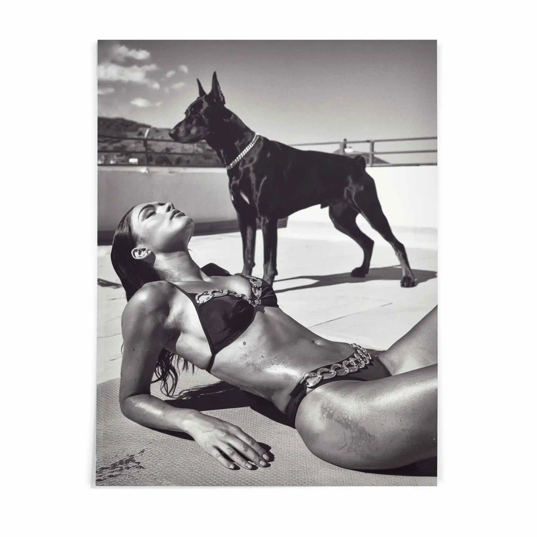 The Guardian black framed fashion wall art displayed in a contemporary luxury bedroom | After Hours Gallery