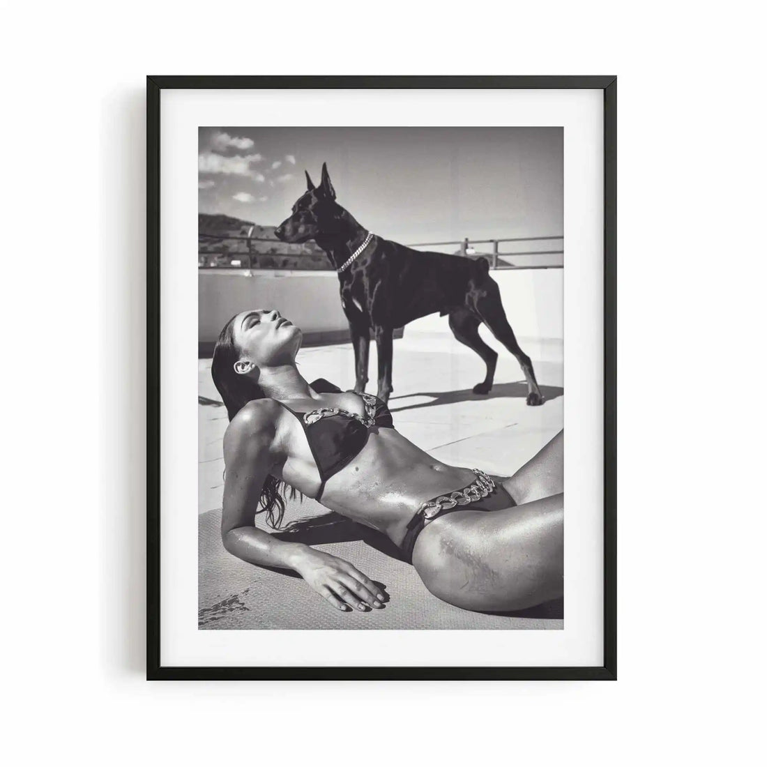 The Guardian black framed fashion wall art displayed in a contemporary luxury bedroom | After Hours Gallery