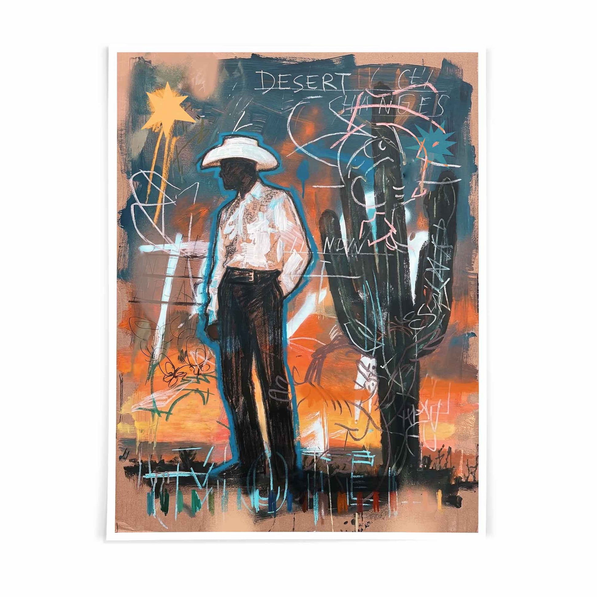 The Lonely Cowboy Wall Art Print, Modern Western Art, Desert Cowboy Poster, Abstract Western Decor, Boho Western Wall Art