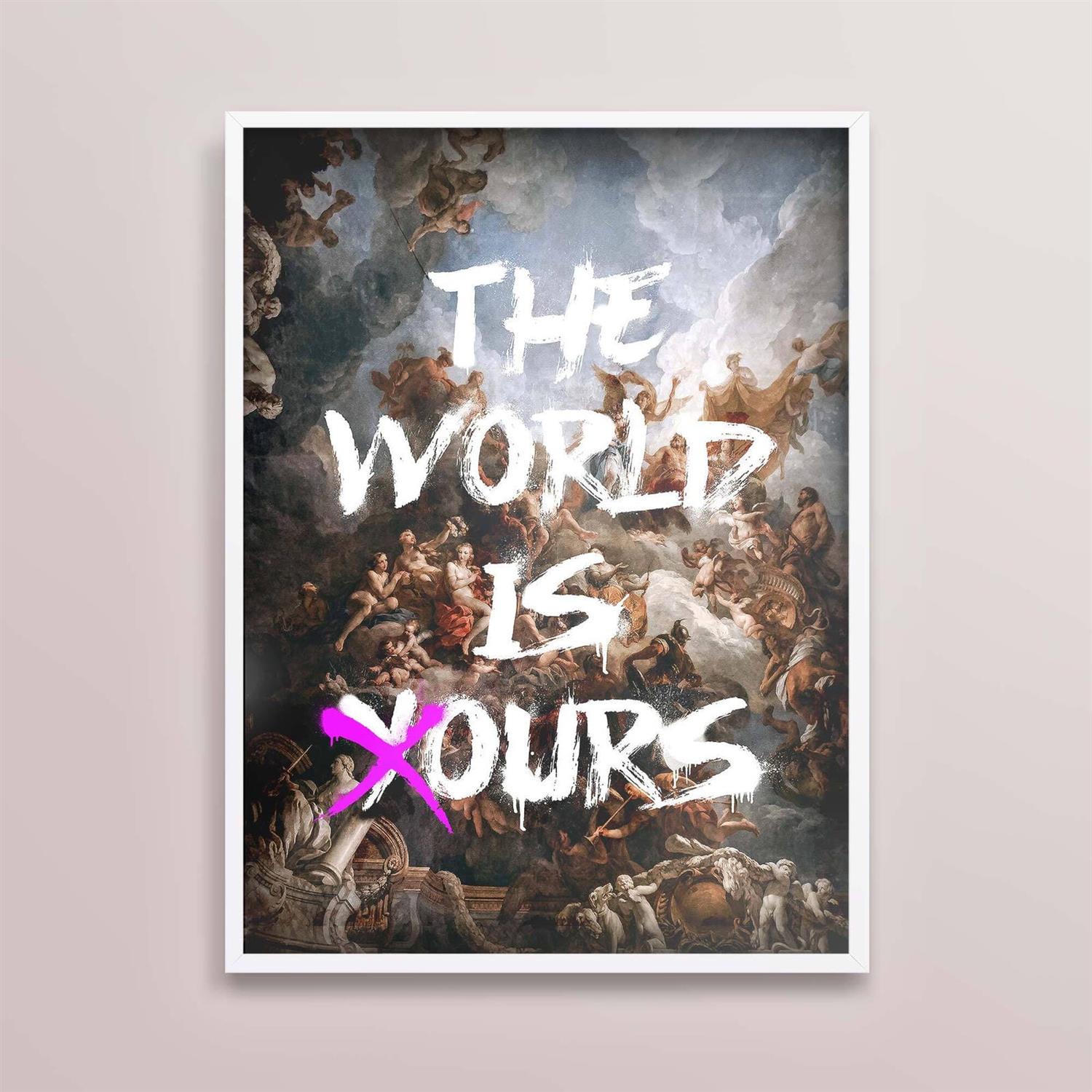 Framed artwork with classical painting and 'The World Is Yours' text on a light gray background