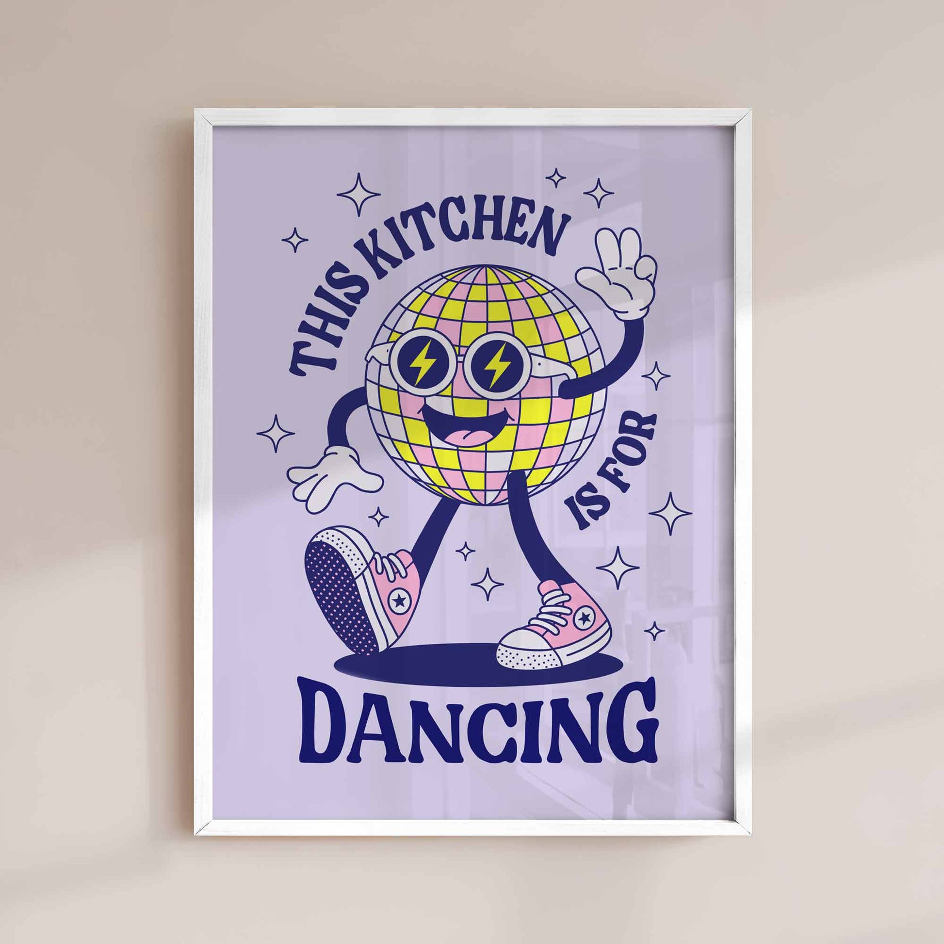 funky vintage print, disco ball illustration, neon wall art, lilac home decor, dance lover gift
