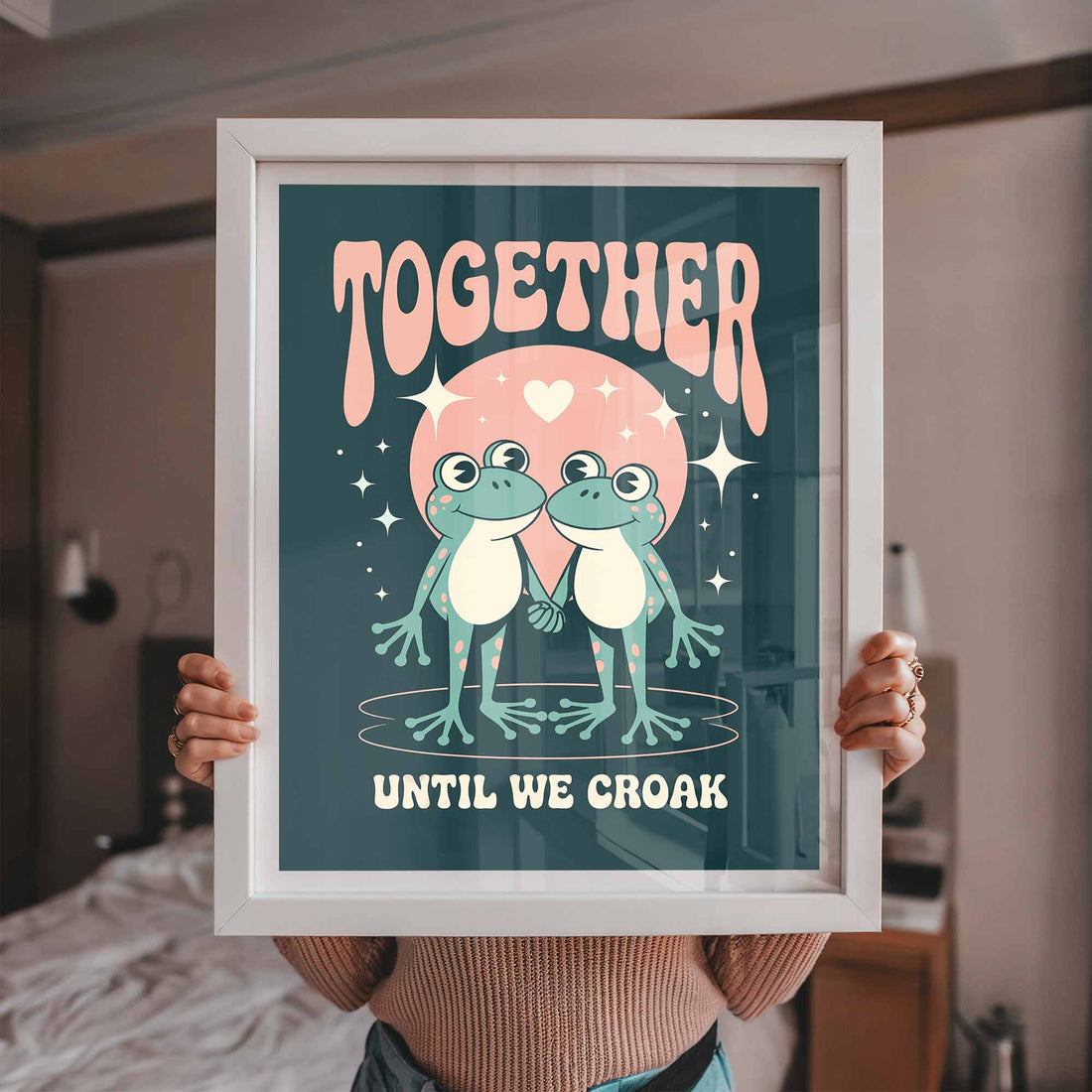 Together Until We Croak Print – Frogs holding hands under moon