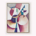 Abstract geometric art piece with colorful shapes on a white wall