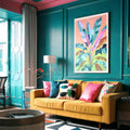 Banana leaf maximalist wall art styled in apartment interior