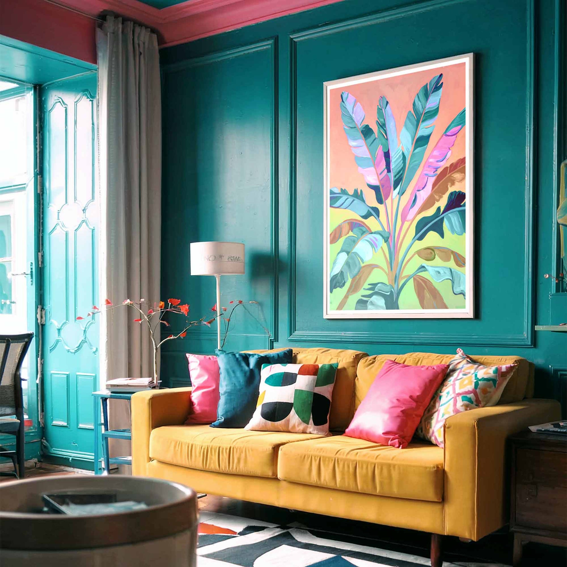 Banana leaf maximalist wall art styled in apartment interior