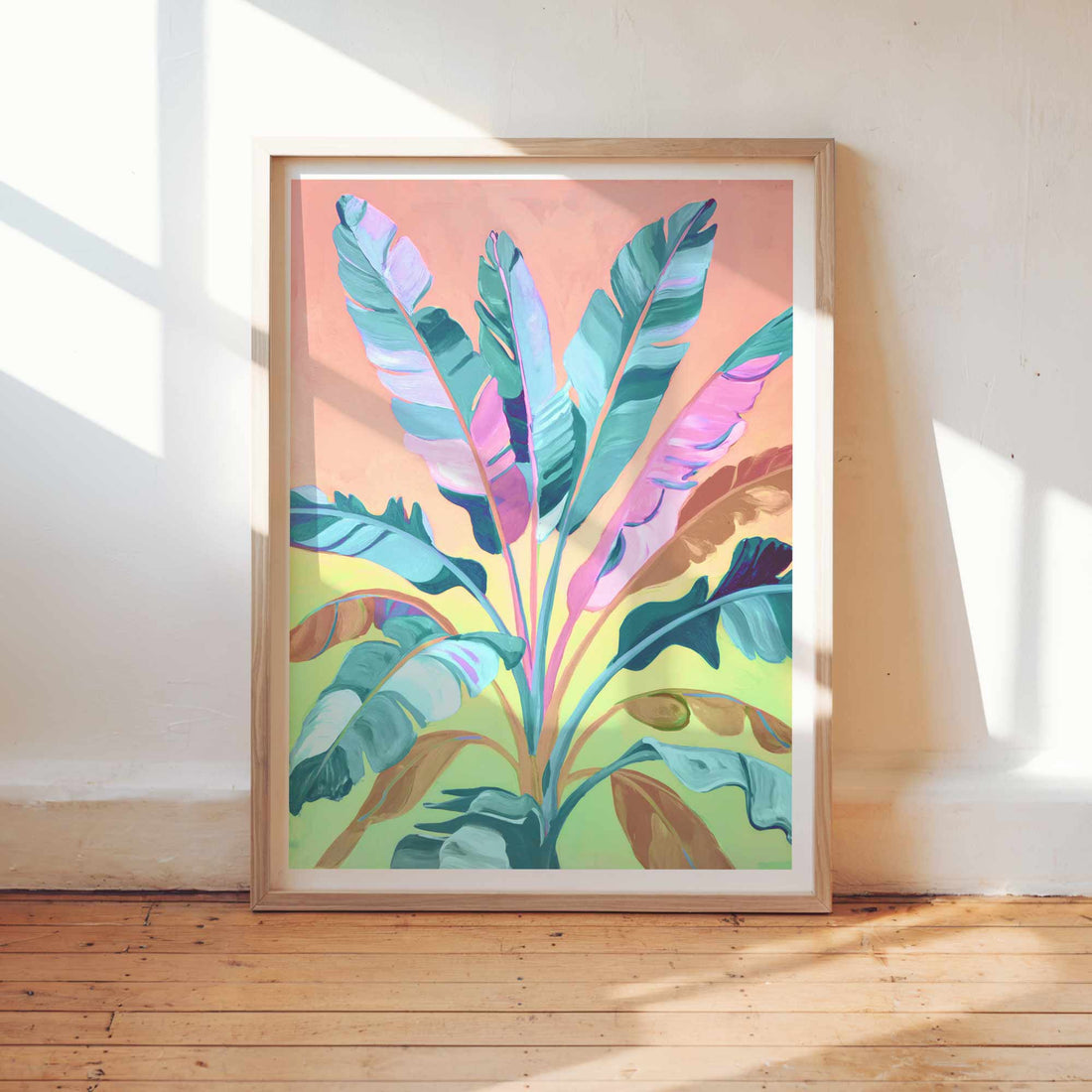 Tropical leaves printable art in bold pink and green colours