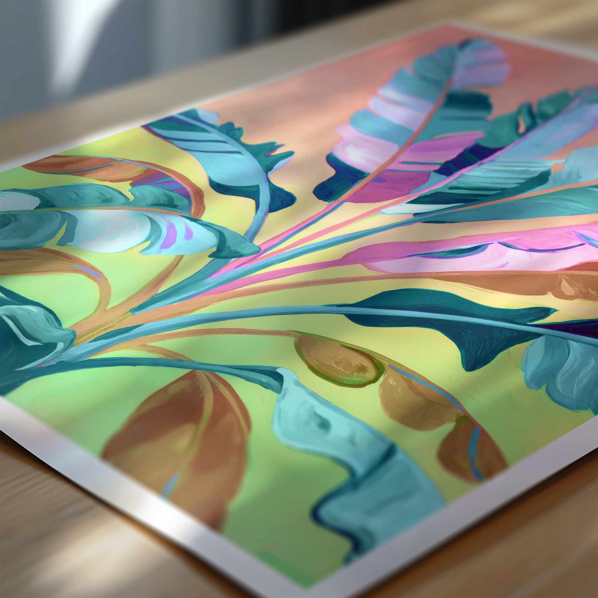 Close-up of tropical leaves painting with painterly detail