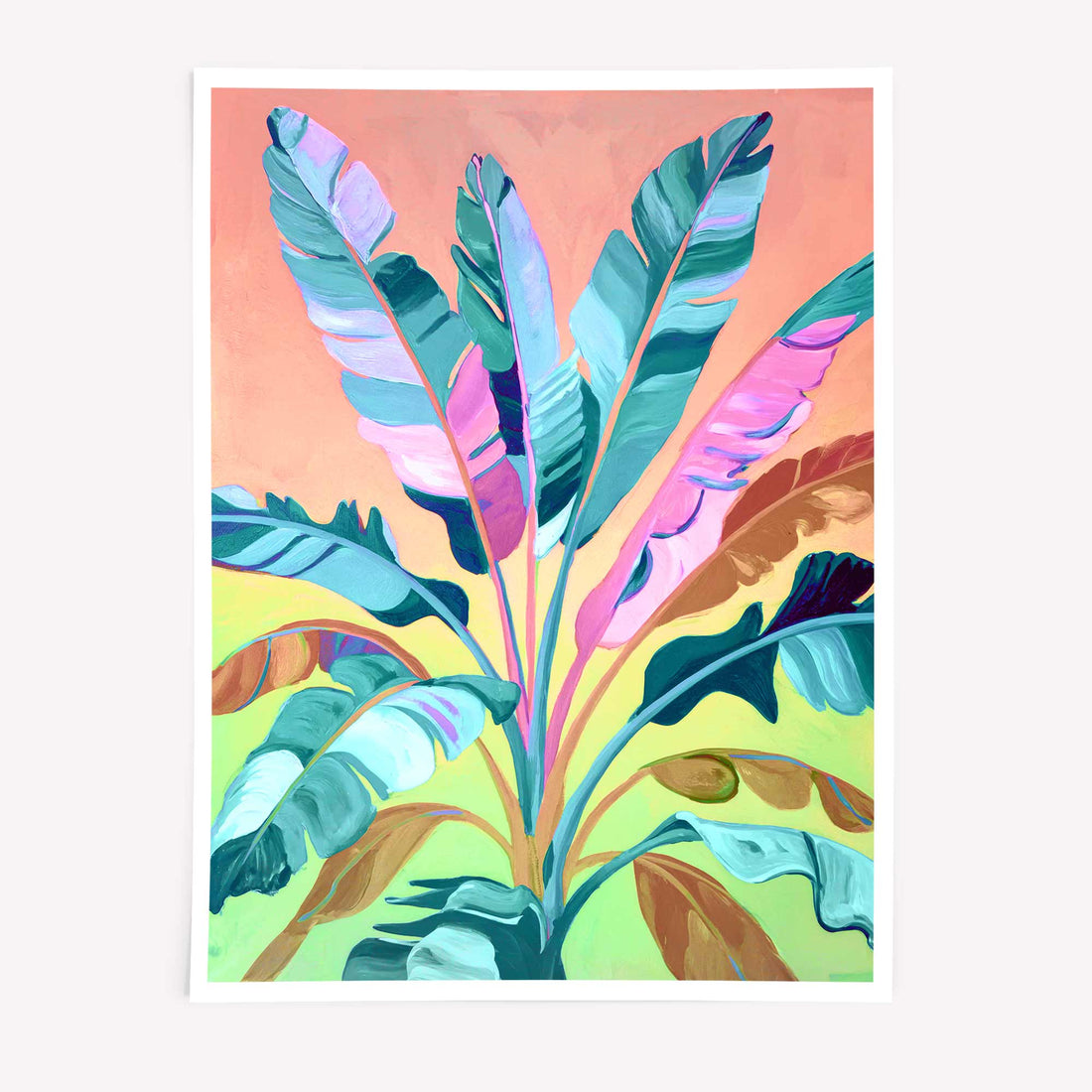 Tropical leaves printable art in bold pink and green colours