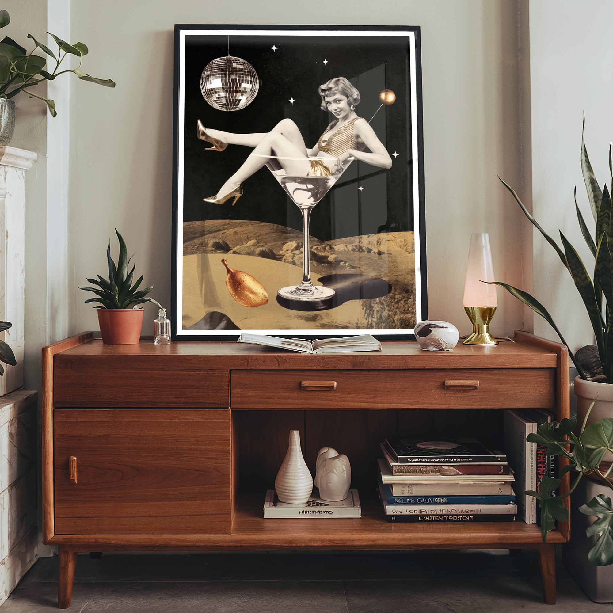 Funky vintage-inspired poster featuring a martini girl, disco ball, and golden moon surface.