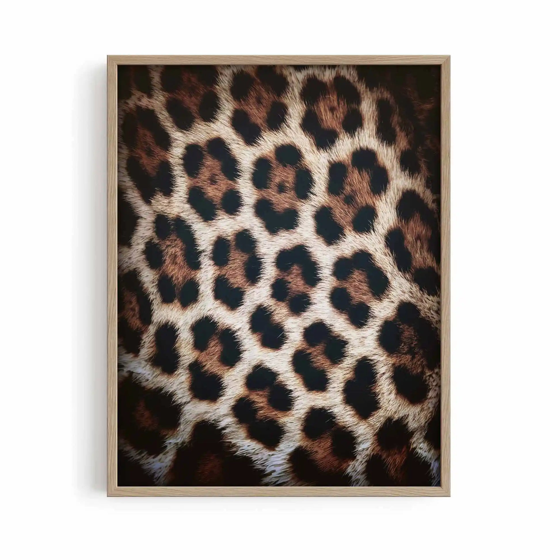 oak framed poster print featuring leopard print fashion artwork with neutral palette and old money inspired styling by After Hours Gallery