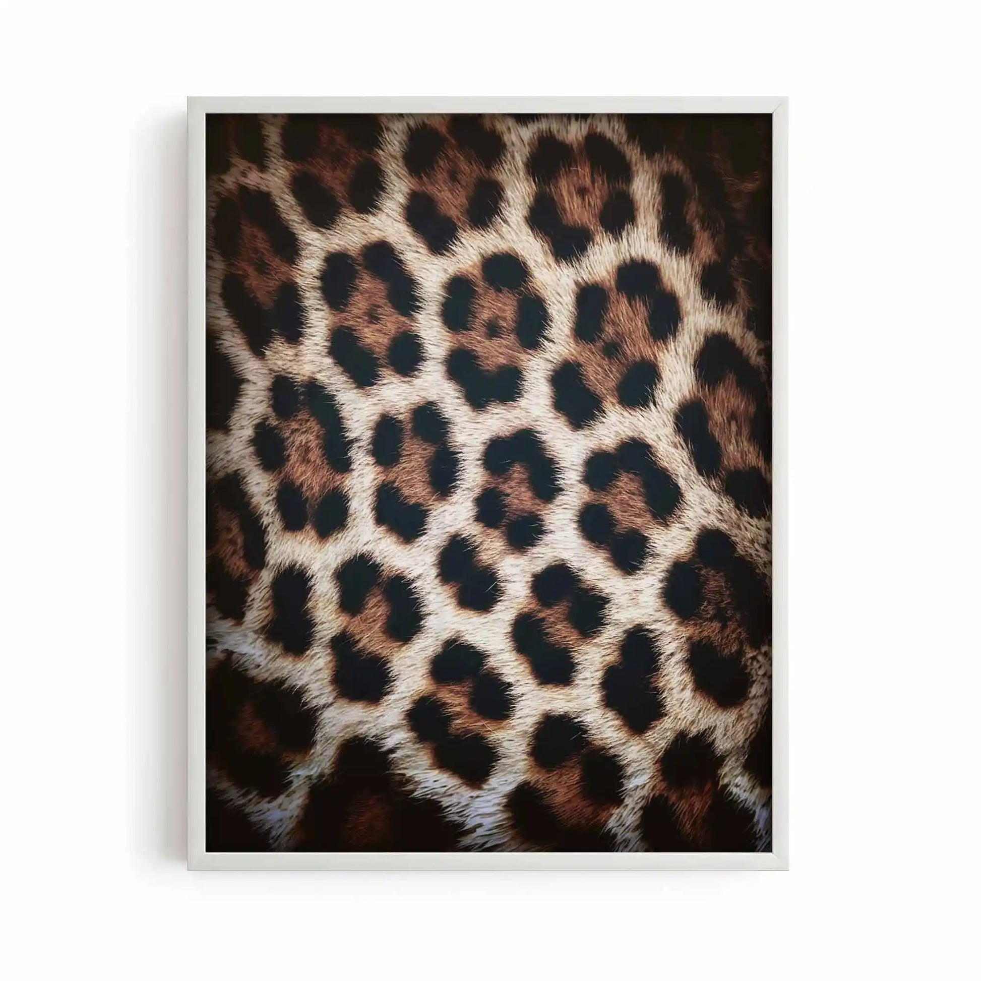 white framed poster print showing leopard print definition artwork with monochrome tones and chic dressing room aesthetic by After Hours Gallery