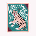 Wash Your Paws tiger print with bold typography and teal background
