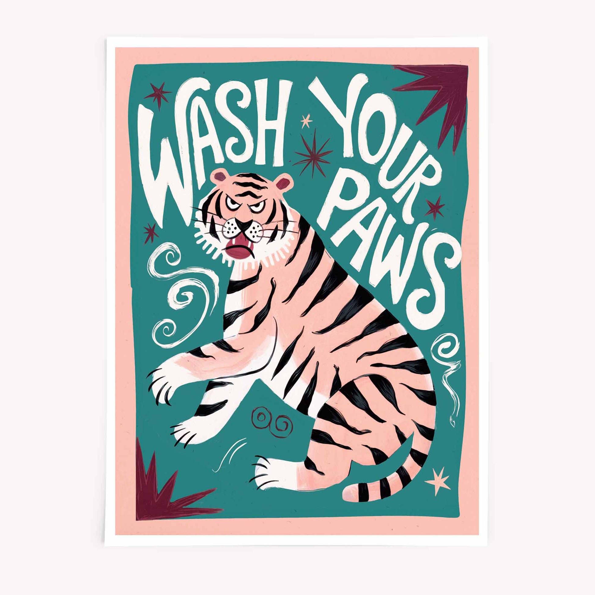Wash Your Paws tiger print with bold typography and teal background
